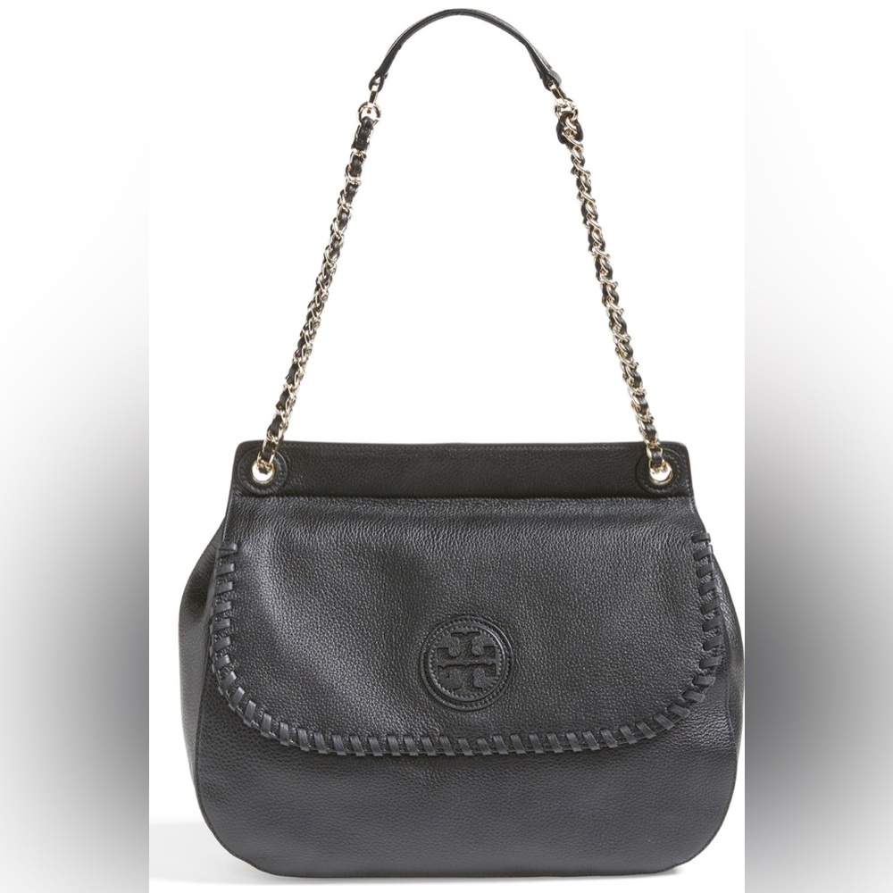 Authentic TORY BURCH “Marion” Black Pebbled Leather Whipstitch Saddle Bag - EUC